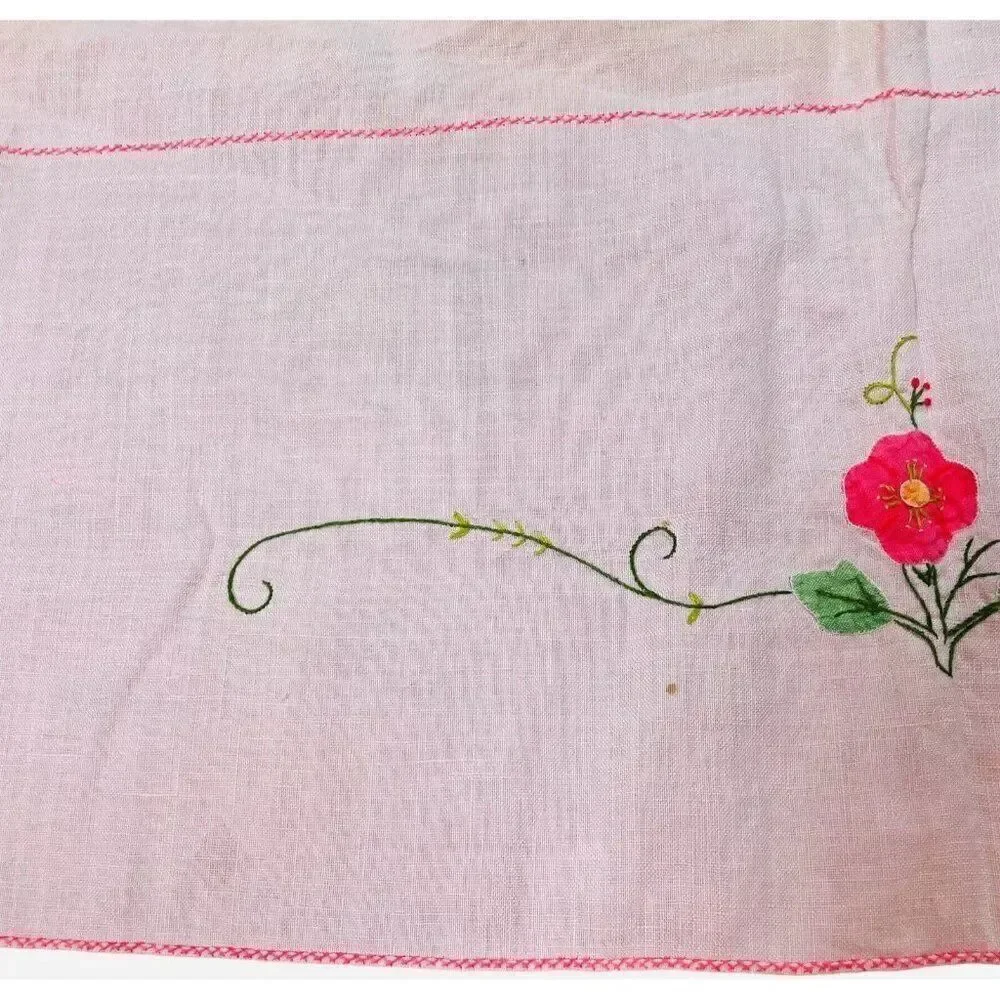 Vintage Handmade Pink Square Embroidered Floral Tablecloth 42 x 41 Appliqué Cute